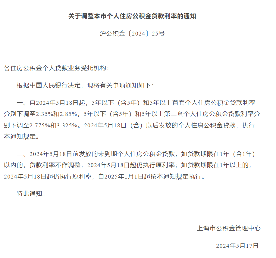 二套房公积金贷款政策 上海_公积金贷款利率调整 2024年5月18日_个人住房公积金贷款利率下调政策