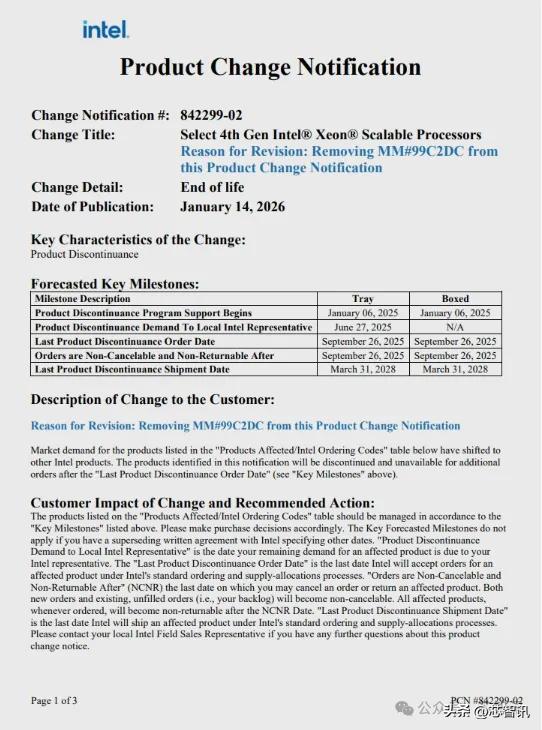 intel处理器系列_英特尔Alder LakeEOL停产至强SapphireRapidsEOL停产